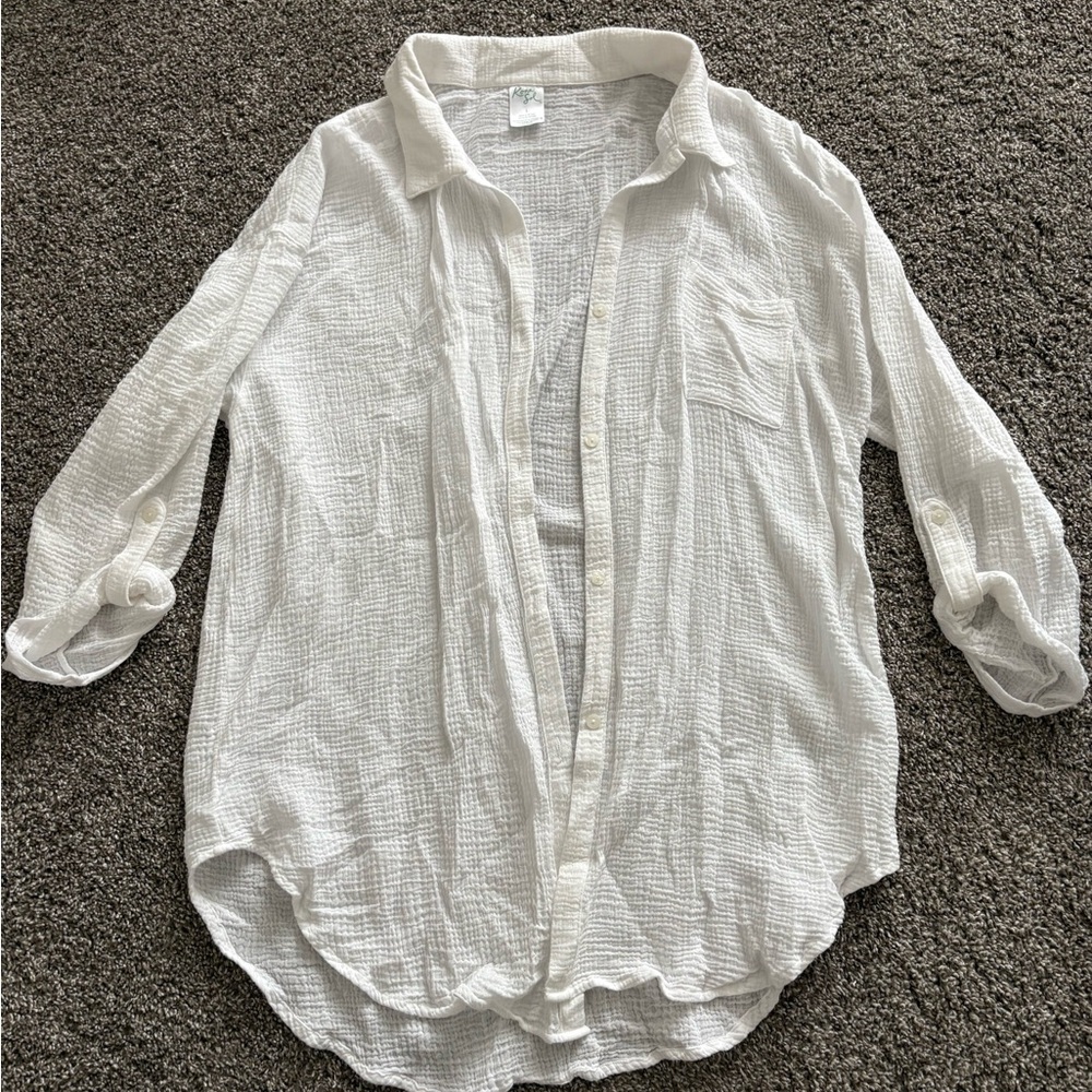 Kona Sol | White Textured Button Up Swimsuit Cover Up | Size Large